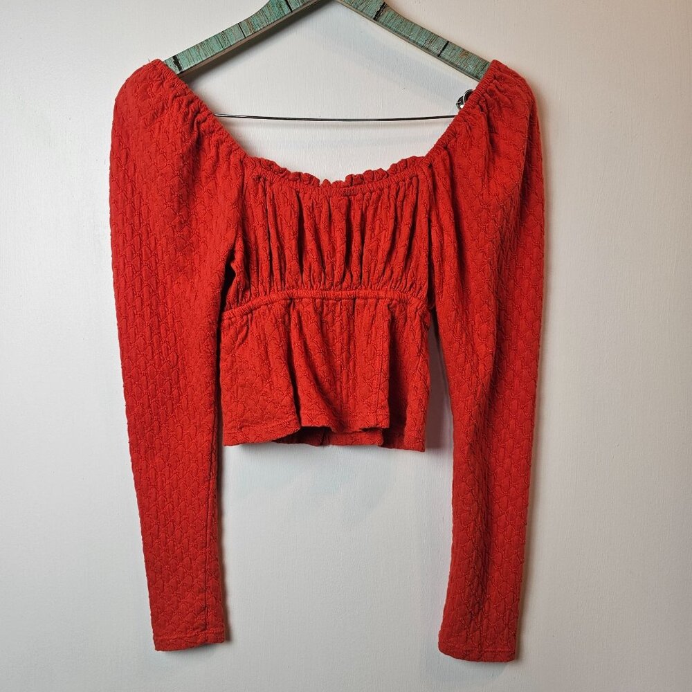Free People Ladybug Crispy Red Long Sleeve Button-up Crop Top, Sz M - Picture 6 of 8